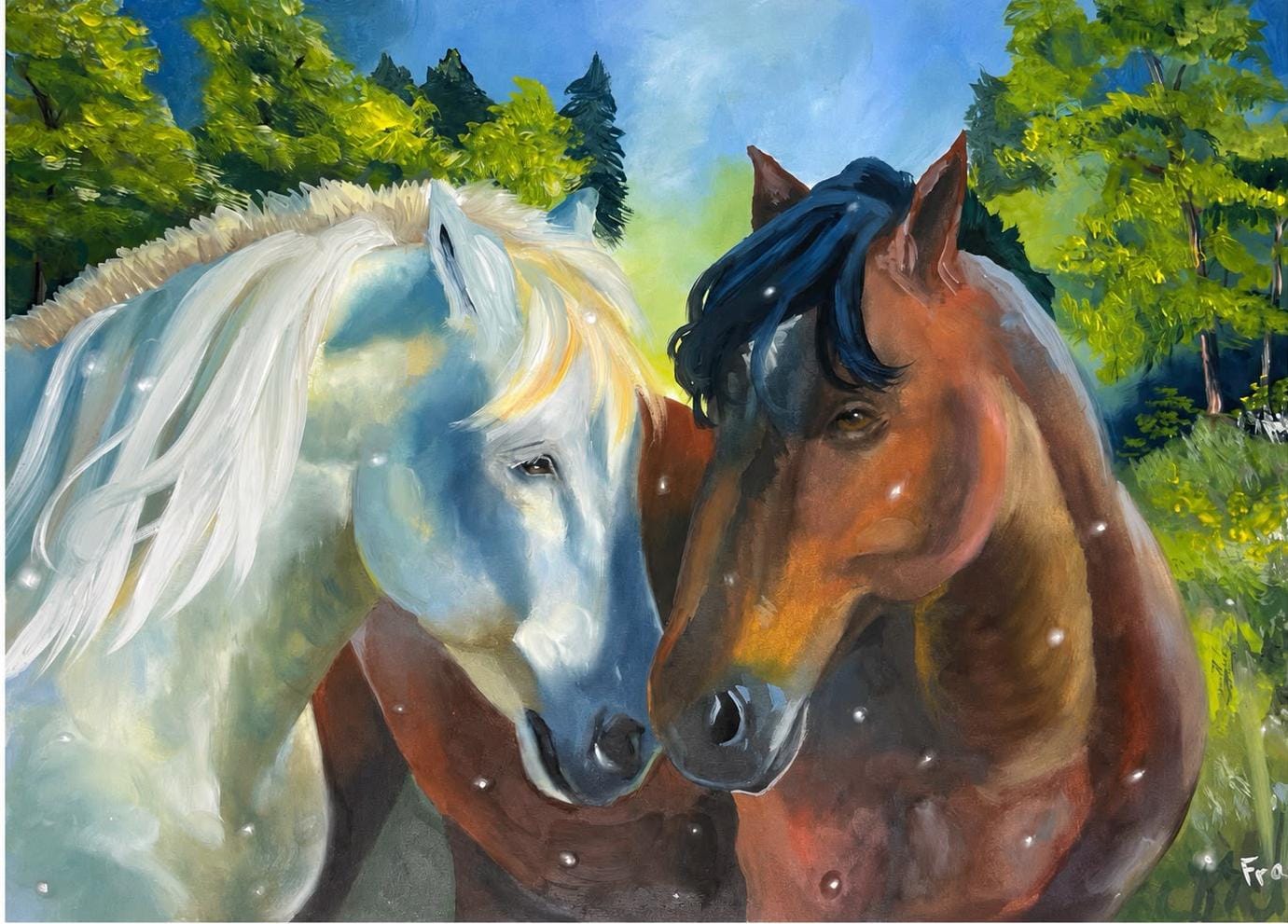 Pintura de dois cavalos, um branco e um marrom, em uma paisagem verde